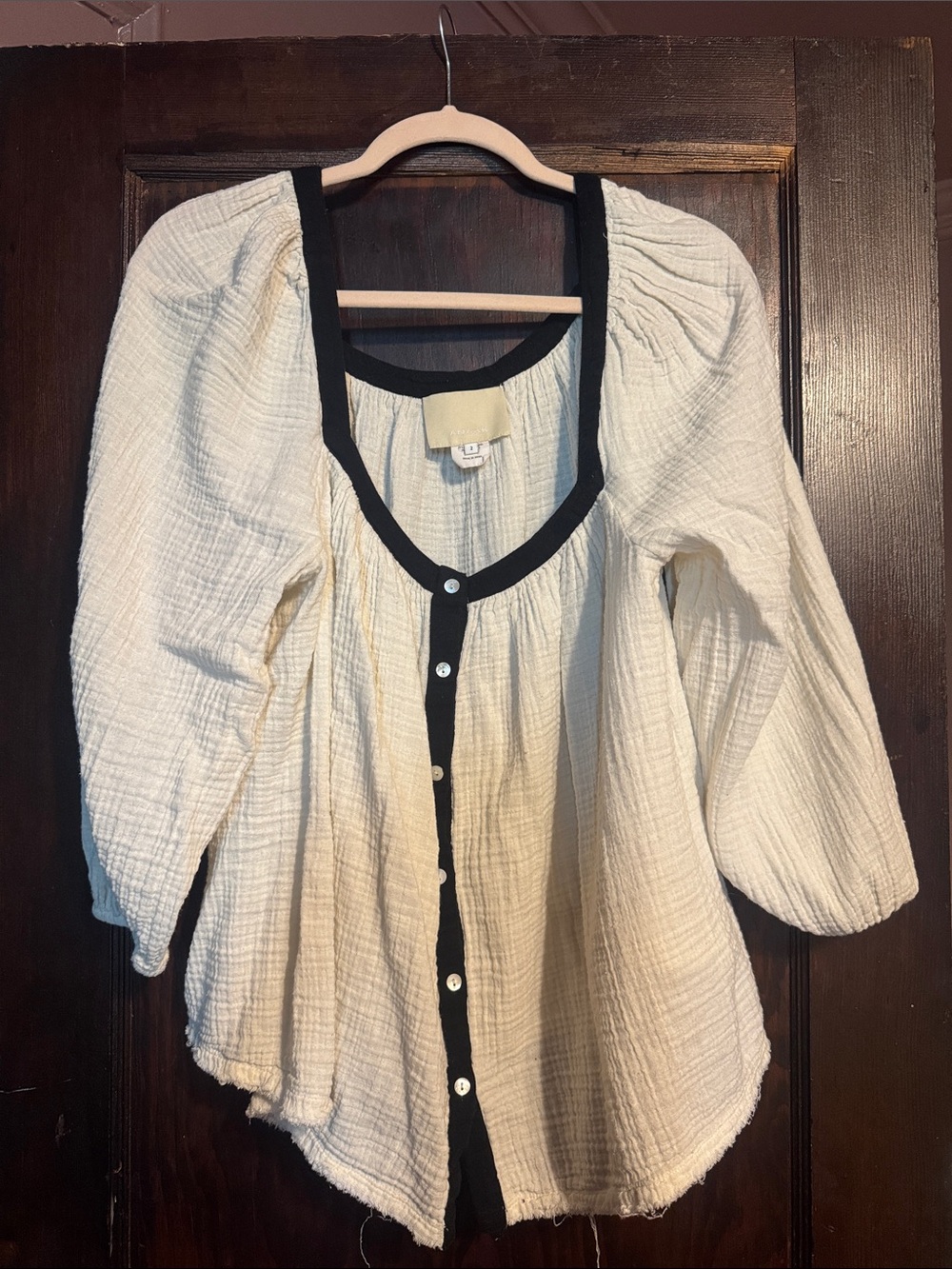Cream Gauze Button-Front Blouse with Black Trim